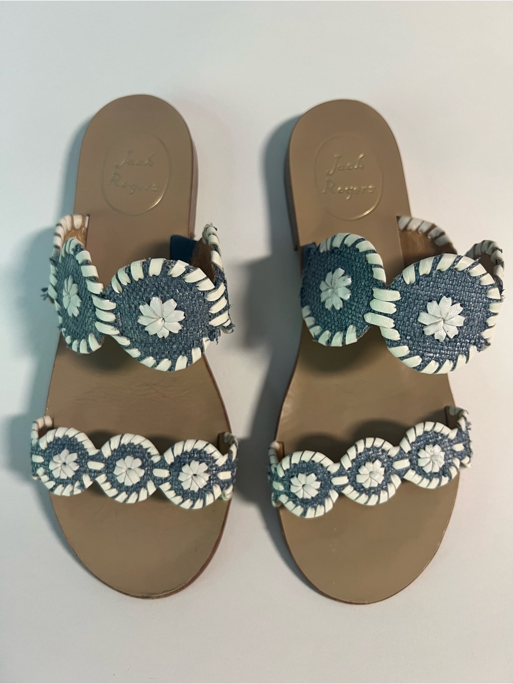 Jack Rogers Blue & White Leather Woven Slide Sandals Sz 7m great condition
